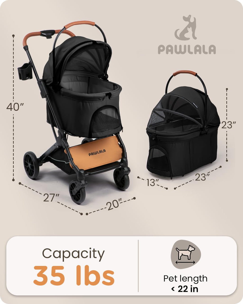 Foldable Pet Stroller with Detachable Carrier, Midnight Black V9495