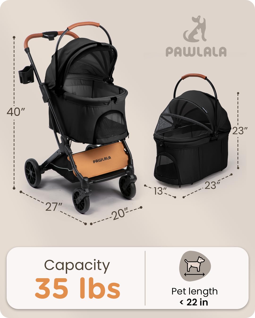 Foldable Pet Stroller with Detachable Carrier, Midnight Black V9495