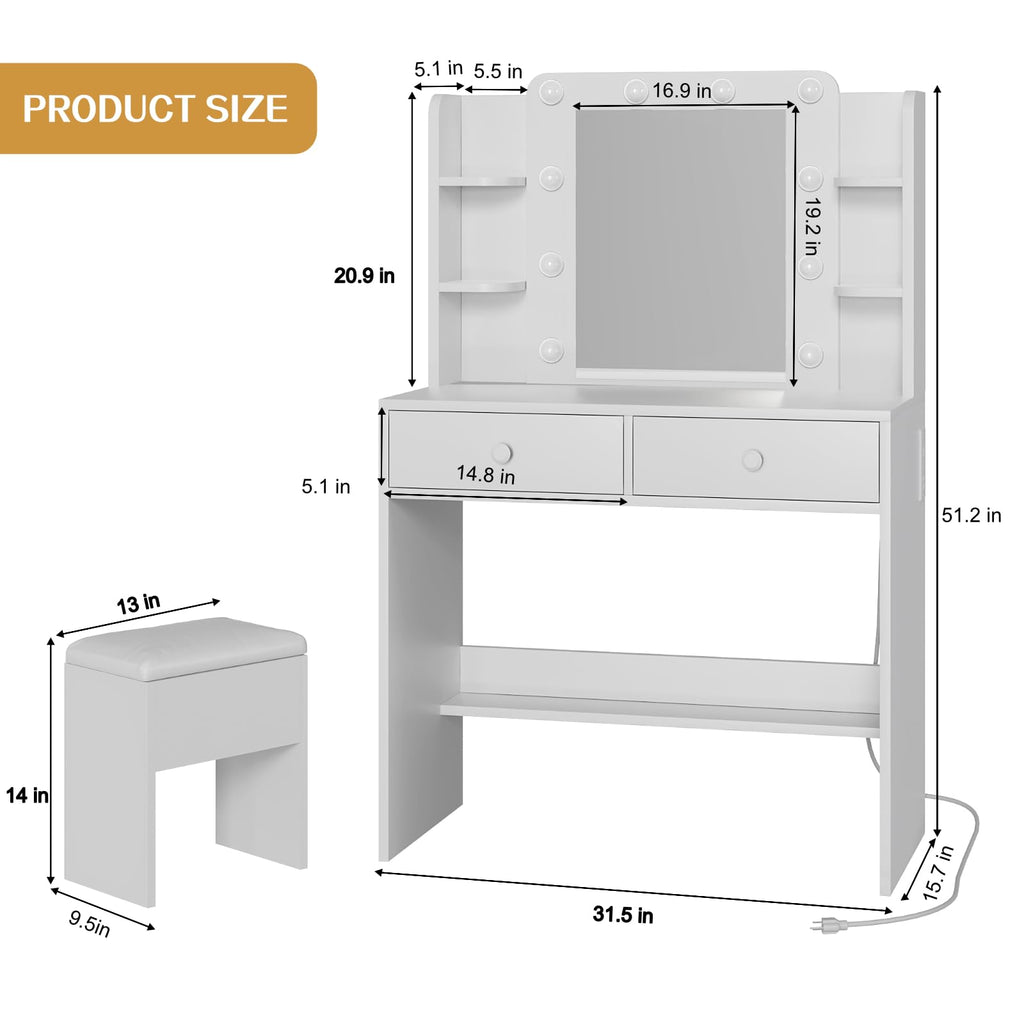 White Vanity Desk with Mirror and Chair Set B103