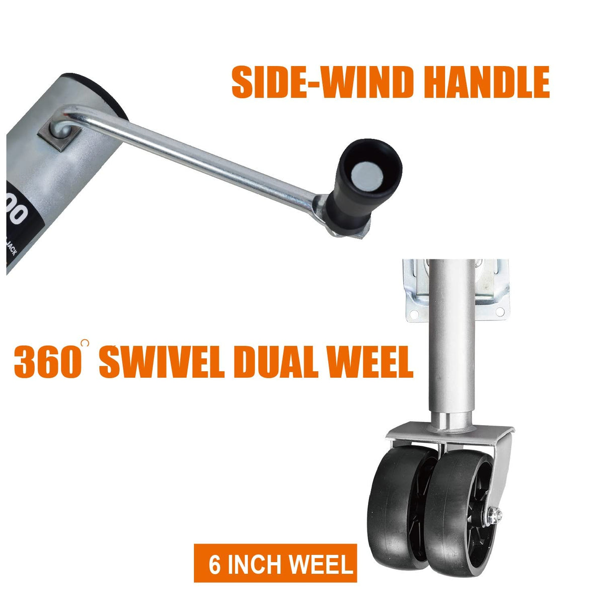 1500 LBs Capacity 6 Inch Dual Wheel Swing-Back Bolt-On Swivel Trailer Jack D5480