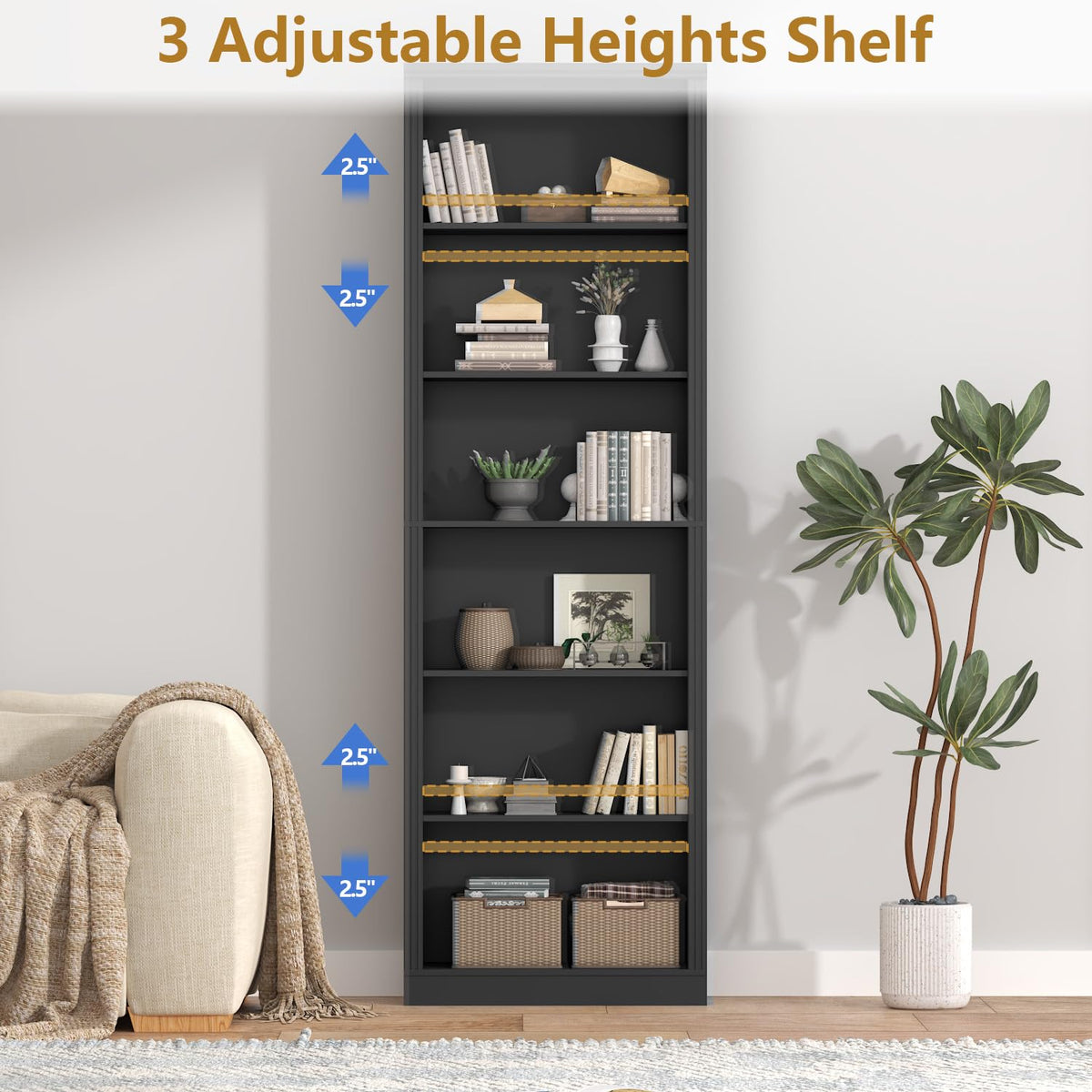 Black 75" Tall 6 Tier Adjustable Bookshelf J523