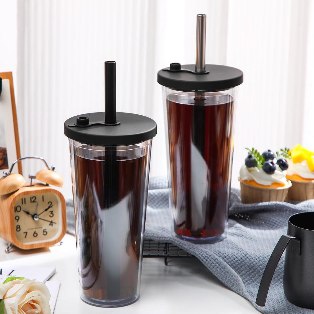 2 Pack 24 oz Clear Plastic Insulated Tumblers with Lids and Straws T15505