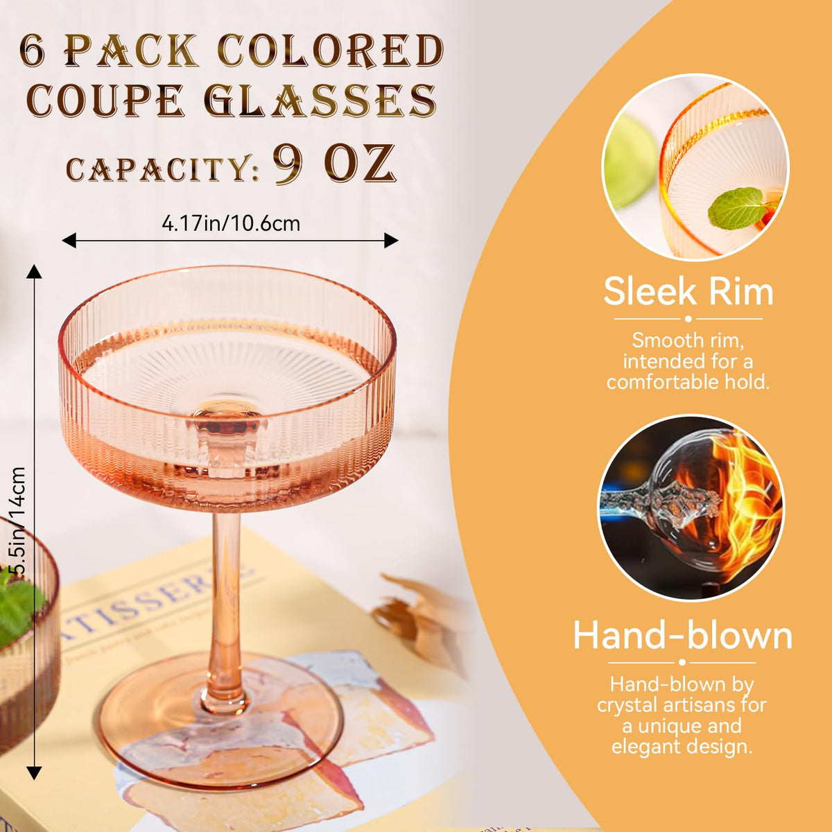 Colored Coupe Glasses Set of 6, 9 oz Cocktail Glasses C195276