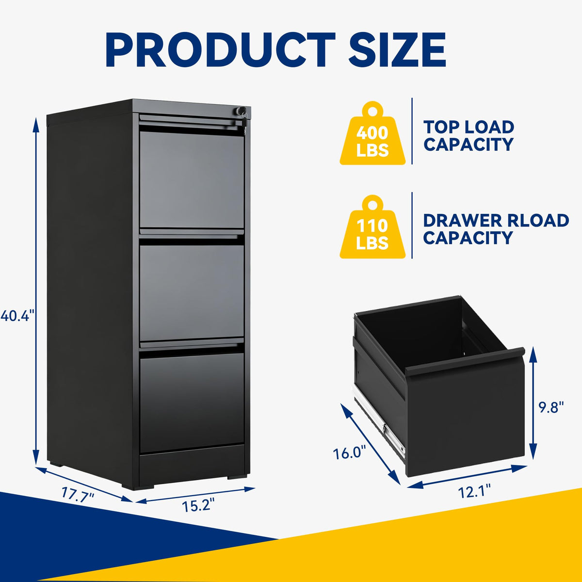 3 Drawer Black Metal File Cabinet with Lock N8785