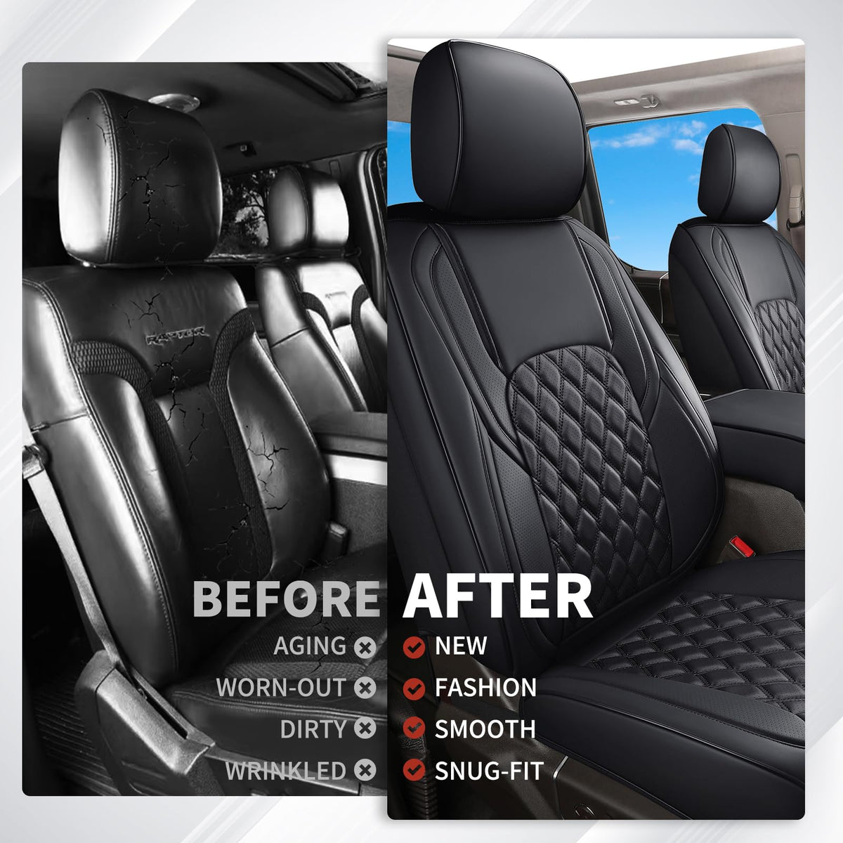 Leather Pickup Seat Cushion Cover Full Set Black W258