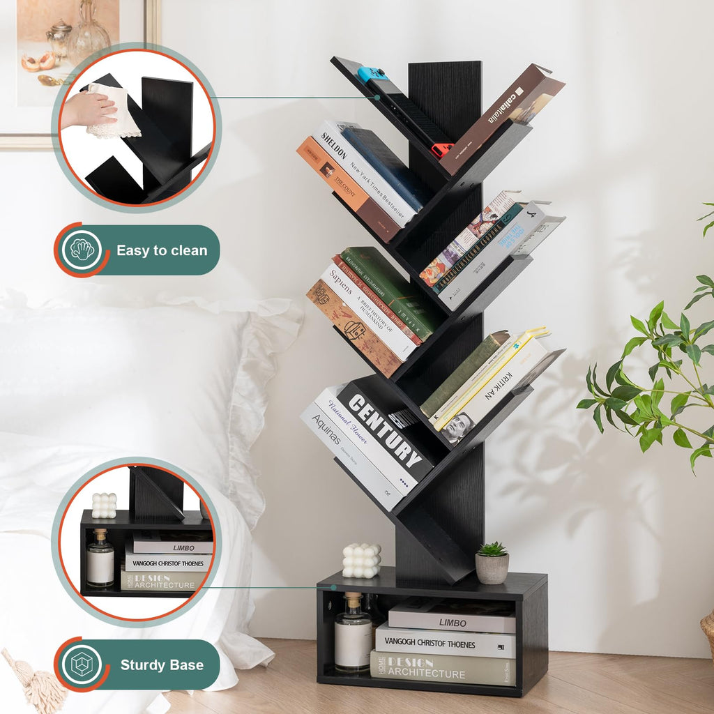 Black 6 Tier Wood Tree Bookshelf Q55431