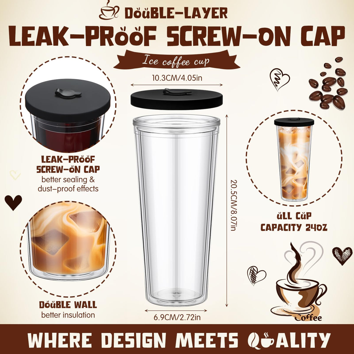 2 Pack 24 oz Clear Plastic Insulated Tumblers with Lids and Straws T15505