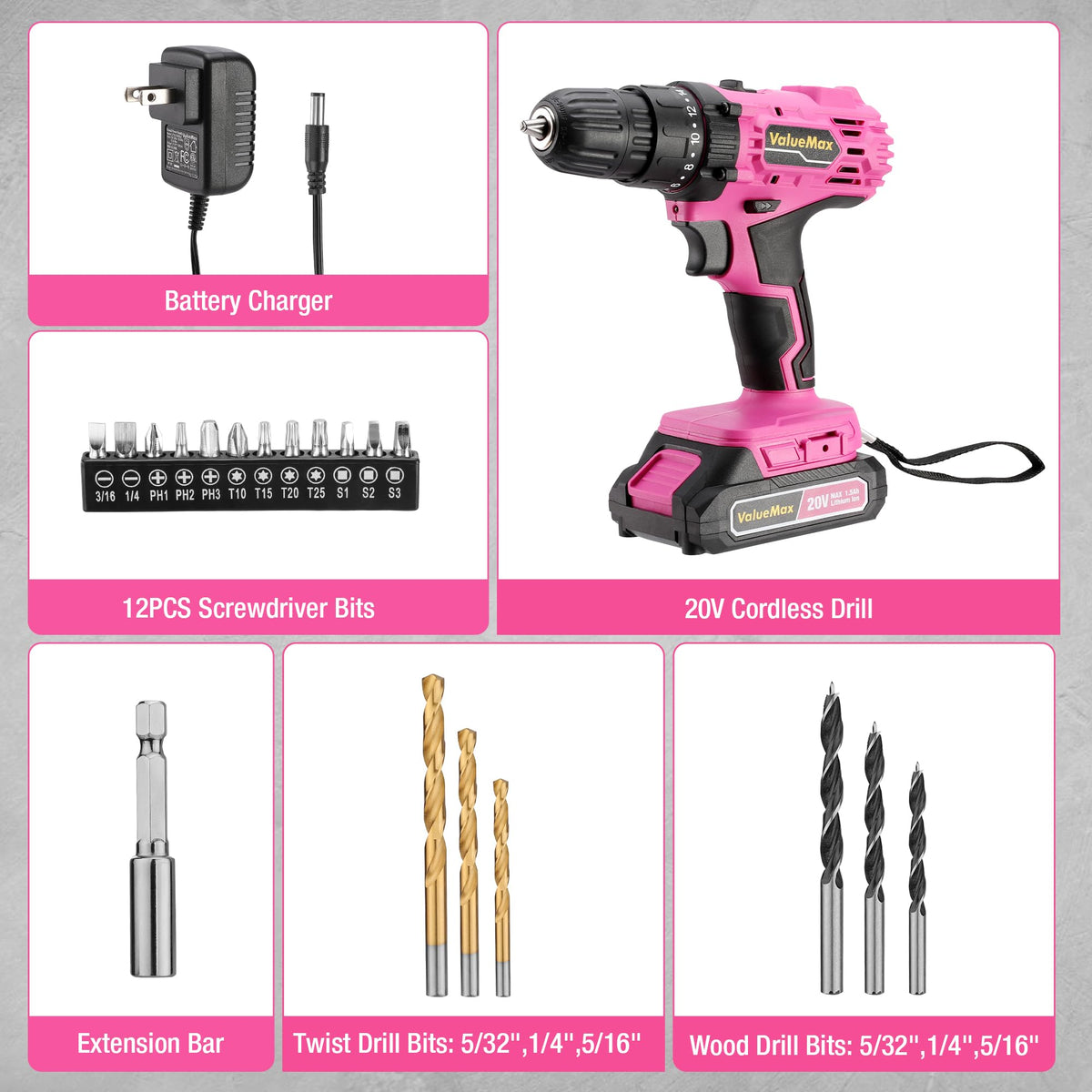 Pink 20V Cordless Drill Set with Battery and Charger H6552