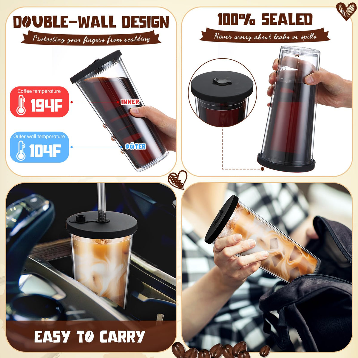 2 Pack 24 oz Clear Plastic Insulated Tumblers with Lids and Straws T15505