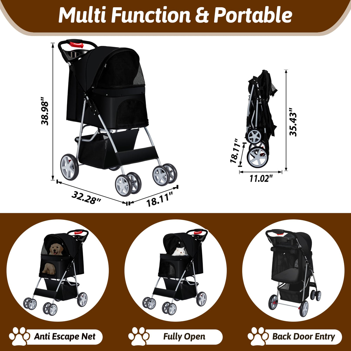 Foldable Pet Stroller 4 Wheels Black S16766