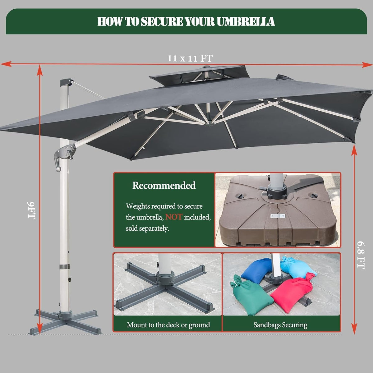 10x10 FT Grey Cantilever Patio Umbrella F479711