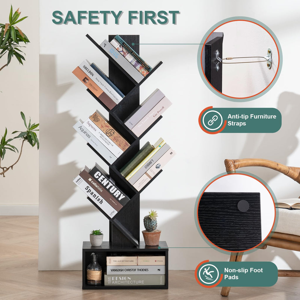 Black 6 Tier Wood Tree Bookshelf Q55431