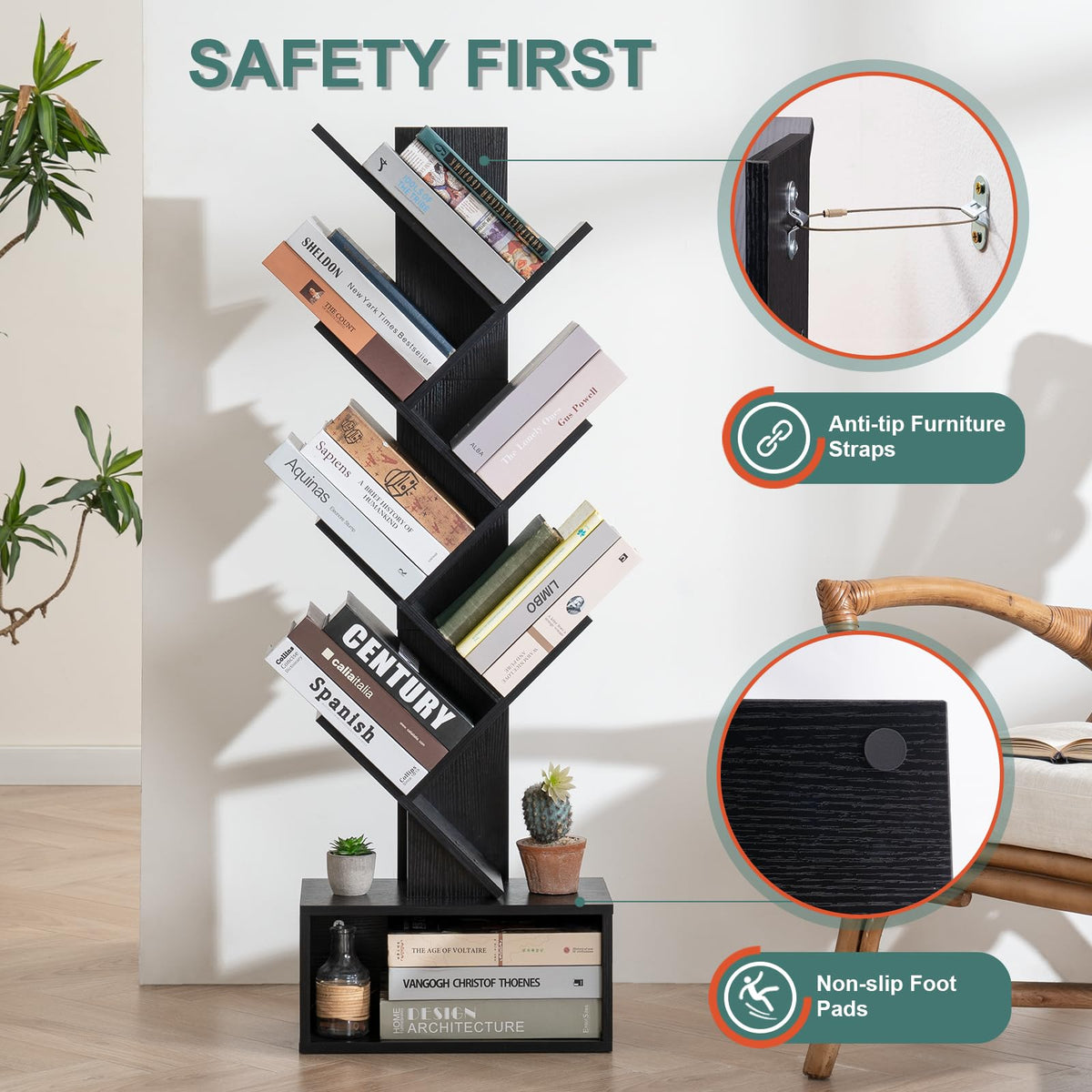 Black 6 Tier Wood Tree Bookshelf Q55431