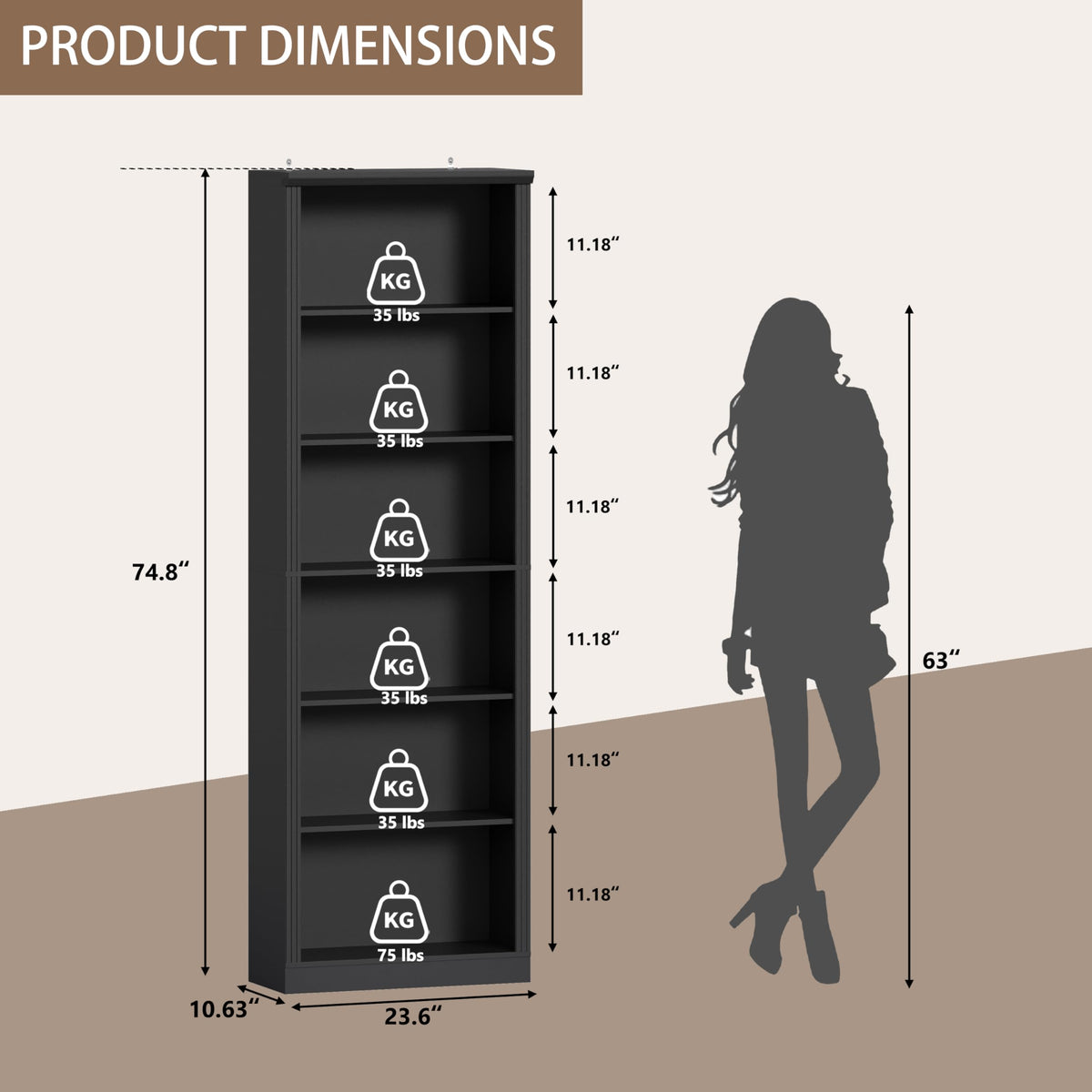 Black 75" Tall 6 Tier Adjustable Bookshelf J523