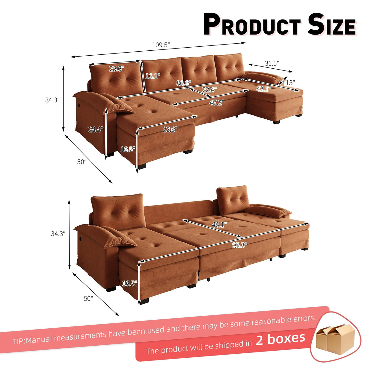 110" 3-in-1 Convertible Sleeper Sofa Bed E28216
