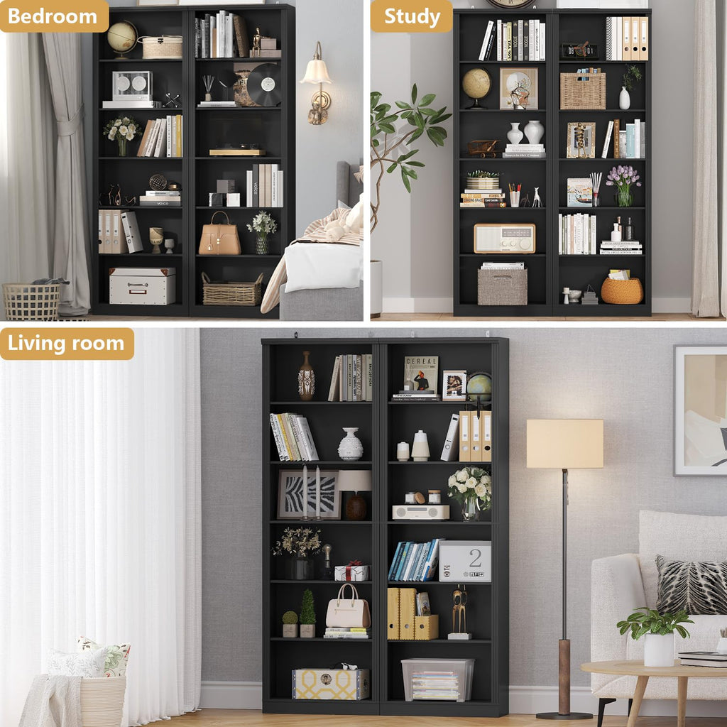 Black 75" Tall 6 Tier Adjustable Bookshelf J523