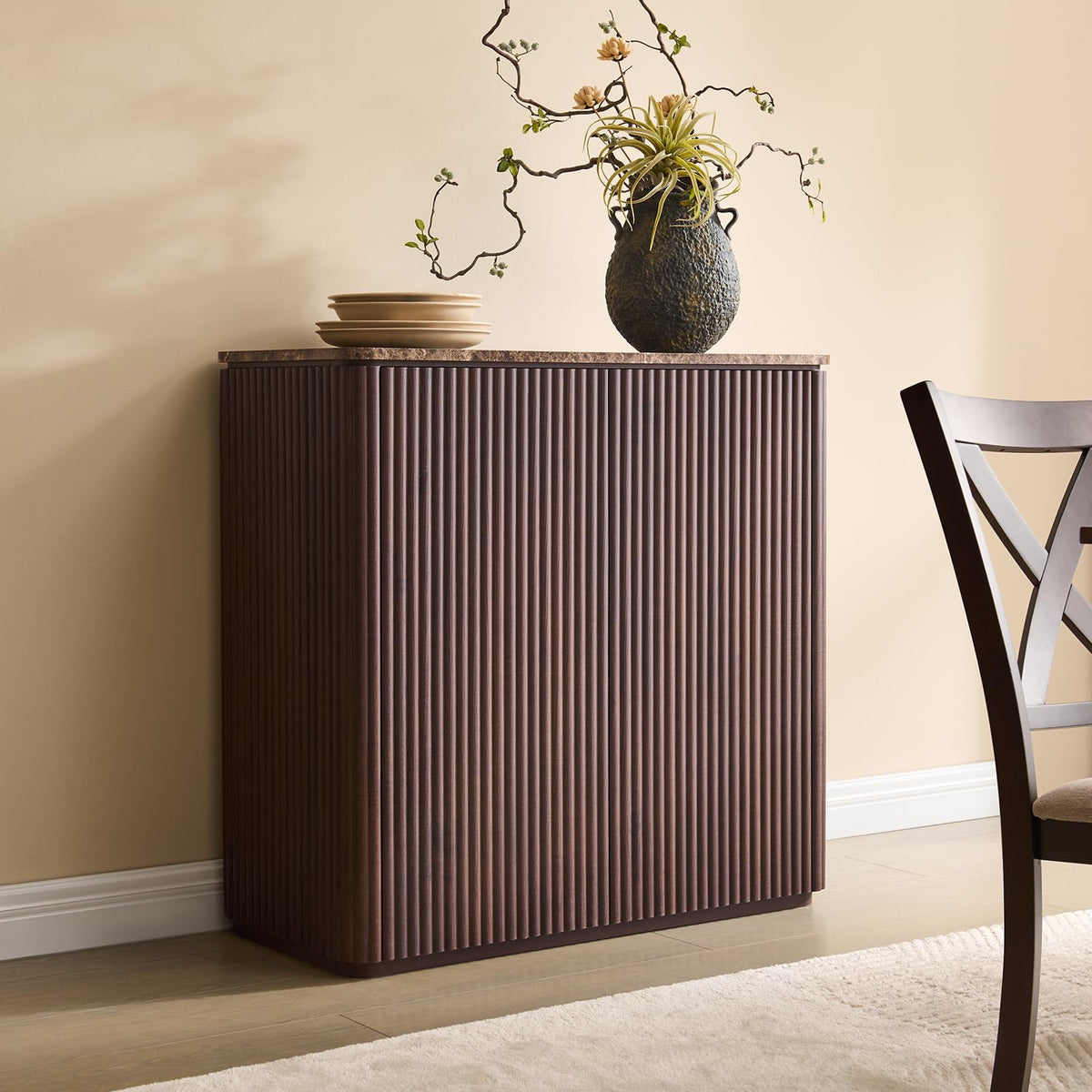 34" Dark Oak Fluted Sideboard Cabinet O58601