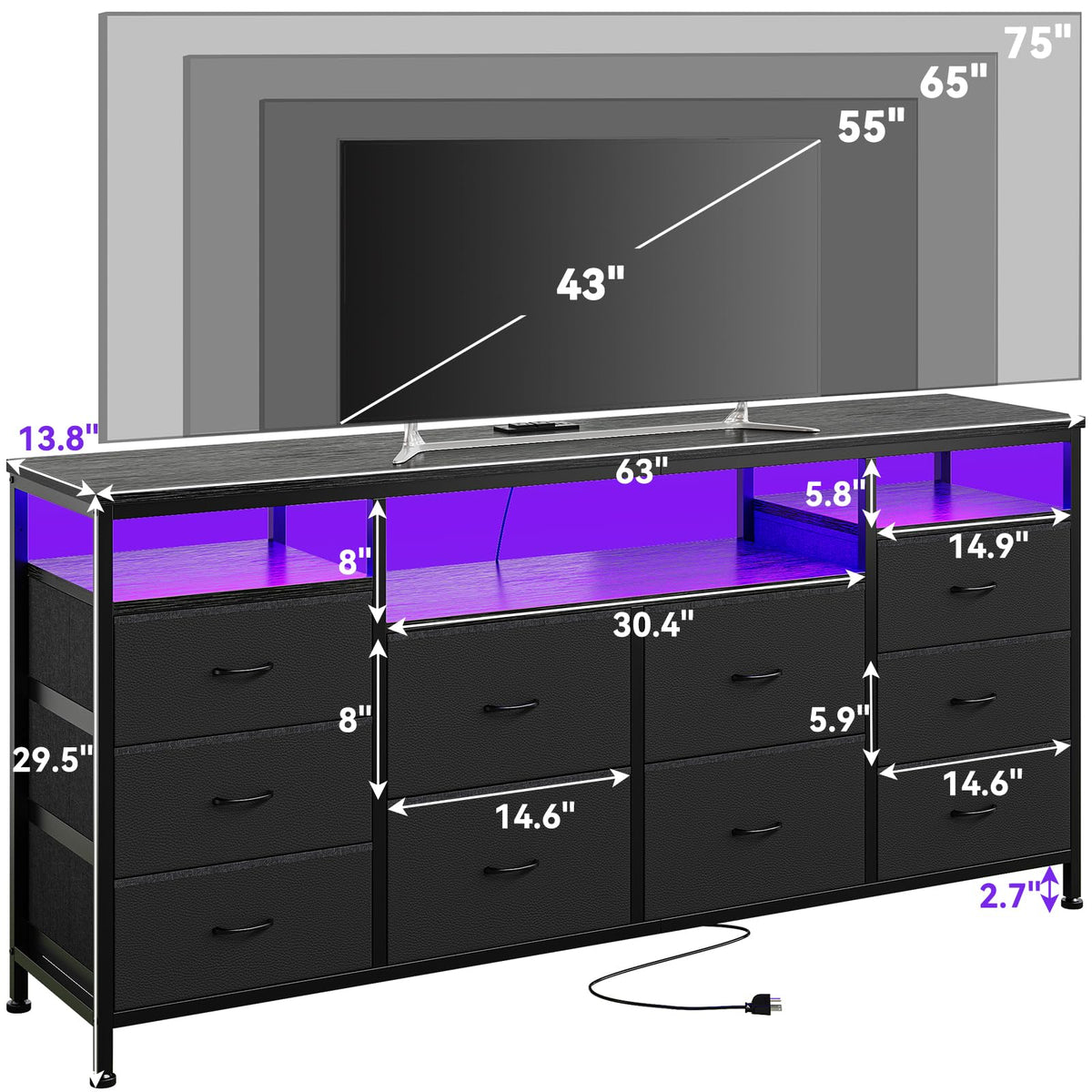 Black 10 Drawer Dresser TV Stand Z6485
