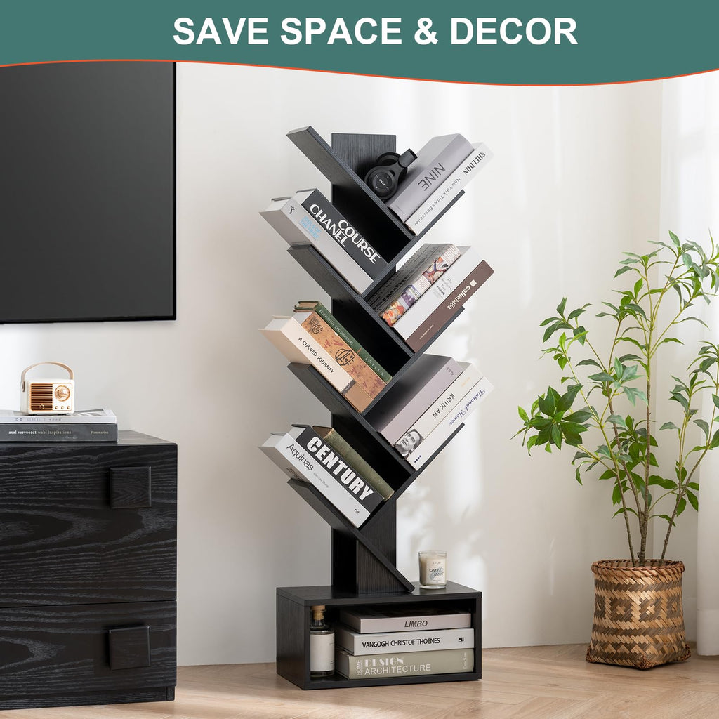 Black 6 Tier Wood Tree Bookshelf Q55431