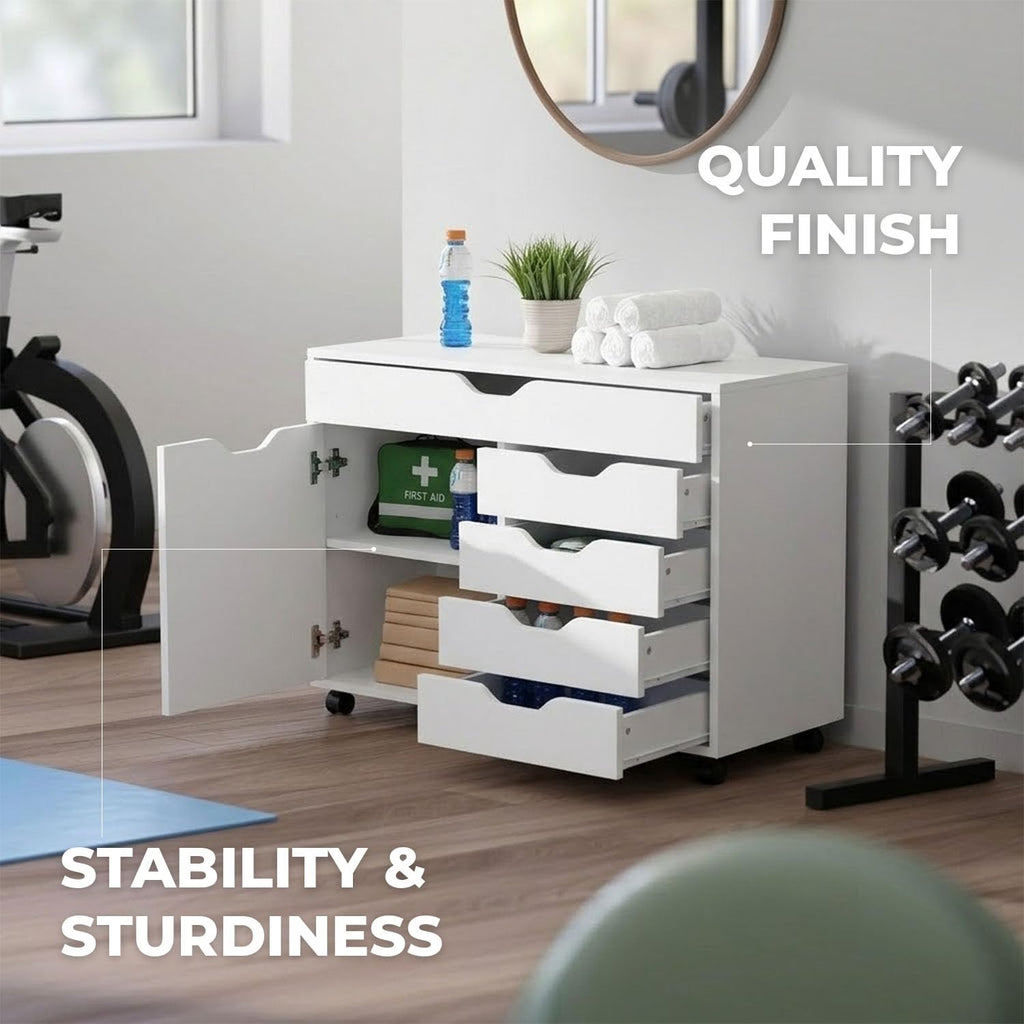 White Mobile Storage Cabinet with 1 Door & 5 Drawers X9096