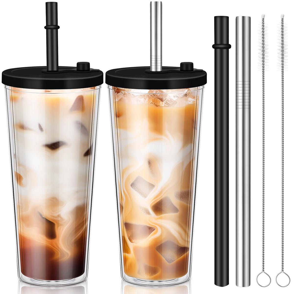 2 Pack 24 oz Clear Plastic Insulated Tumblers with Lids and Straws T15505