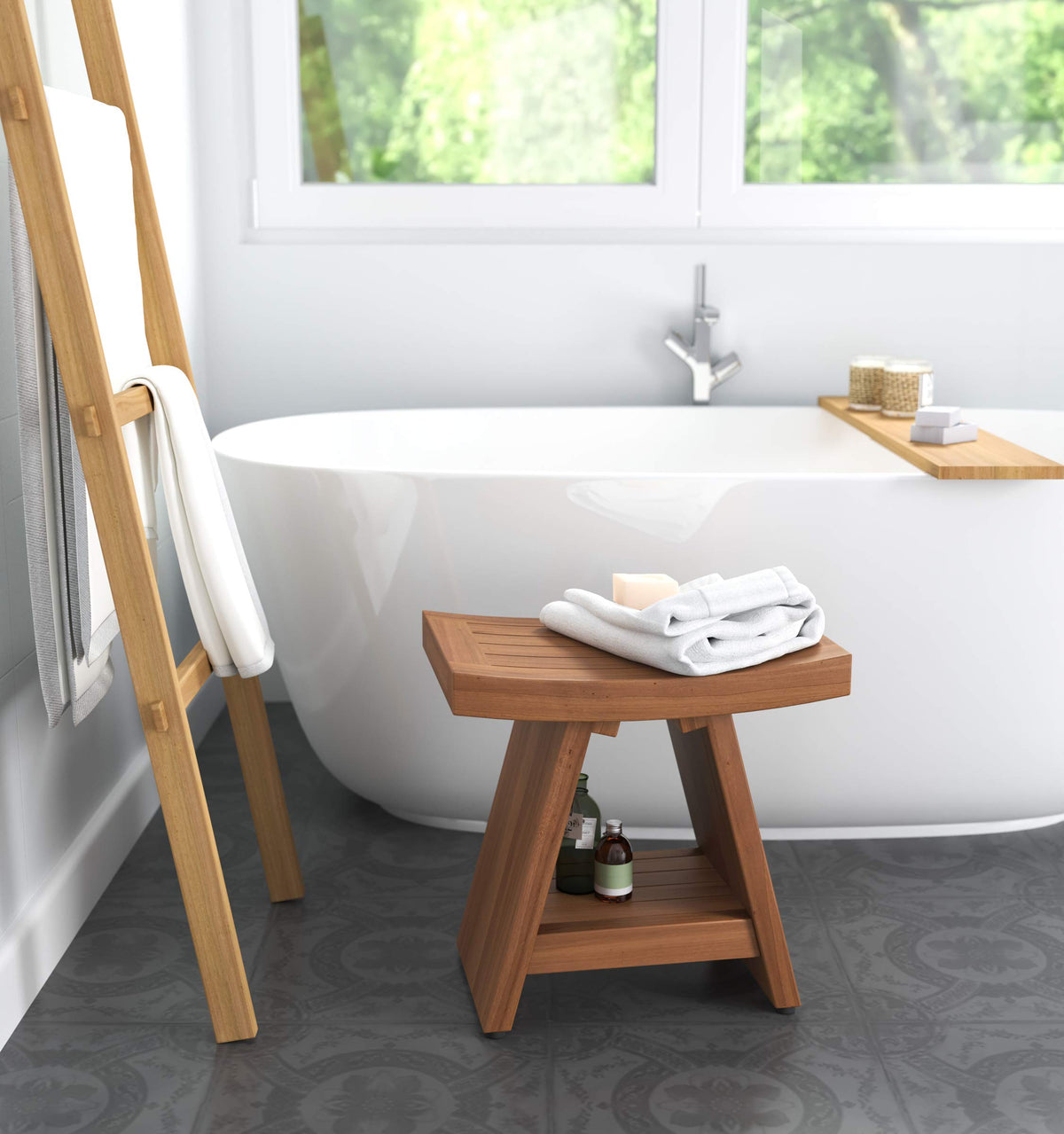 18" Teak Shower Bench with Shelf W157