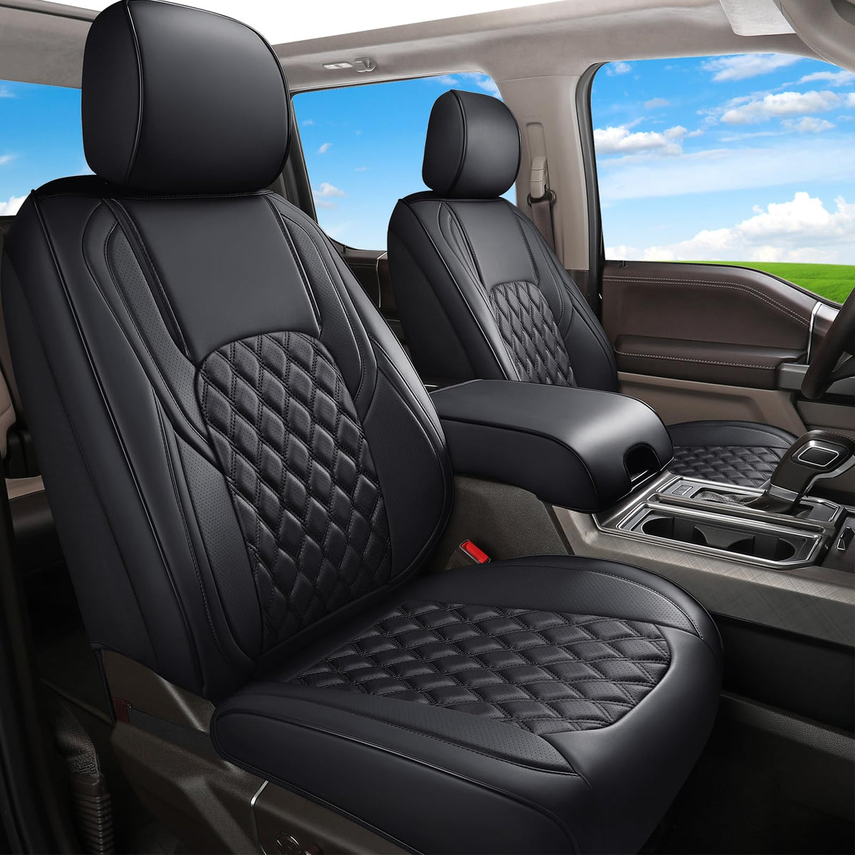 Leather Pickup Seat Cushion Cover Full Set Black W258