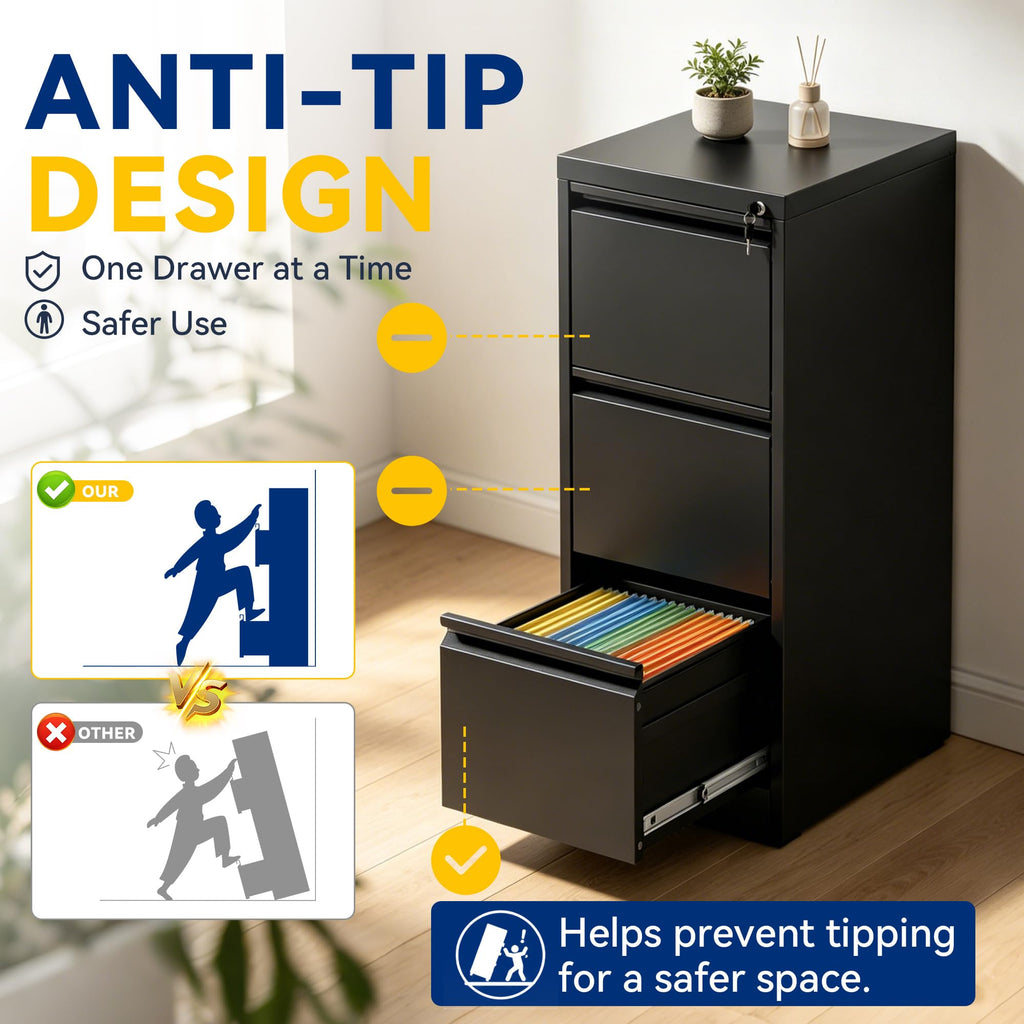 3 Drawer Black Metal File Cabinet with Lock N8785