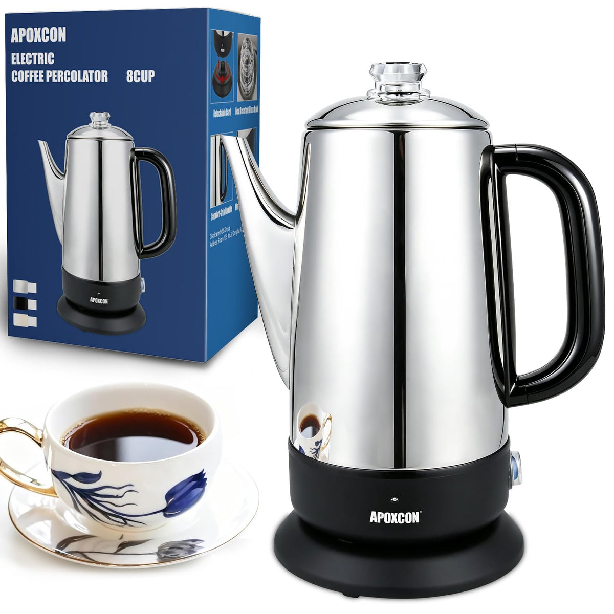 Electric Stainless Steel Coffee Percolator 1200ml 8 Cup N691617