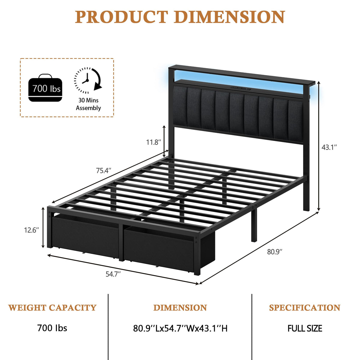Full Size Bed Frame with Storage Drawers and Upholstered Headboard J2091