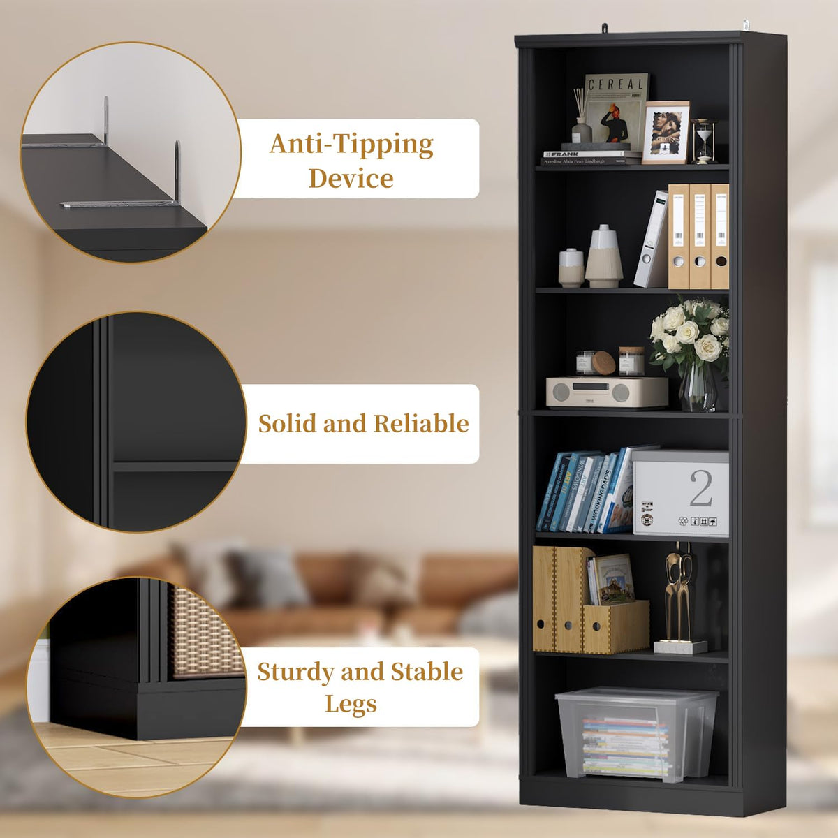 Black 75" Tall 6 Tier Adjustable Bookshelf J523