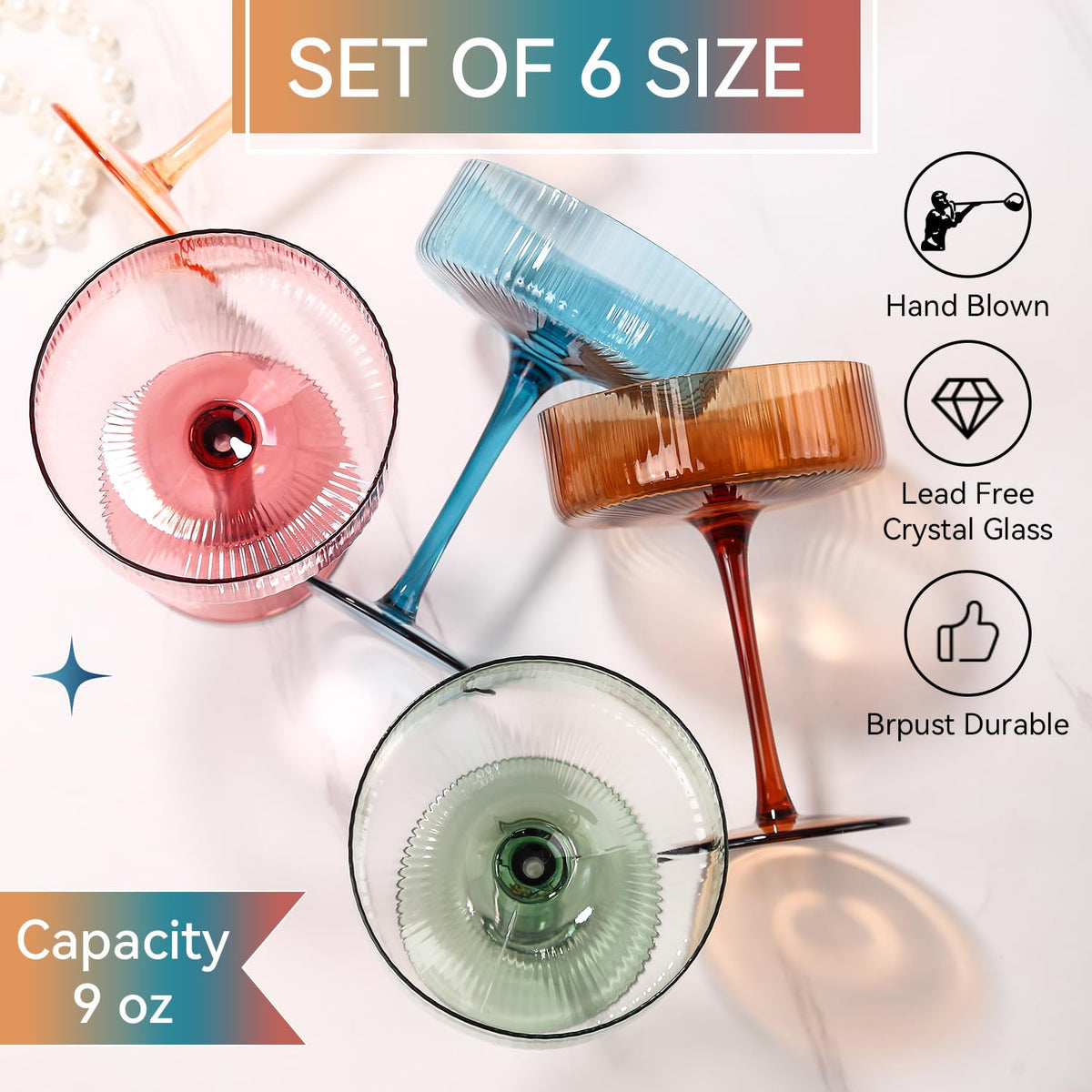 Colored Coupe Glasses Set of 6, 9 oz Cocktail Glasses C195276