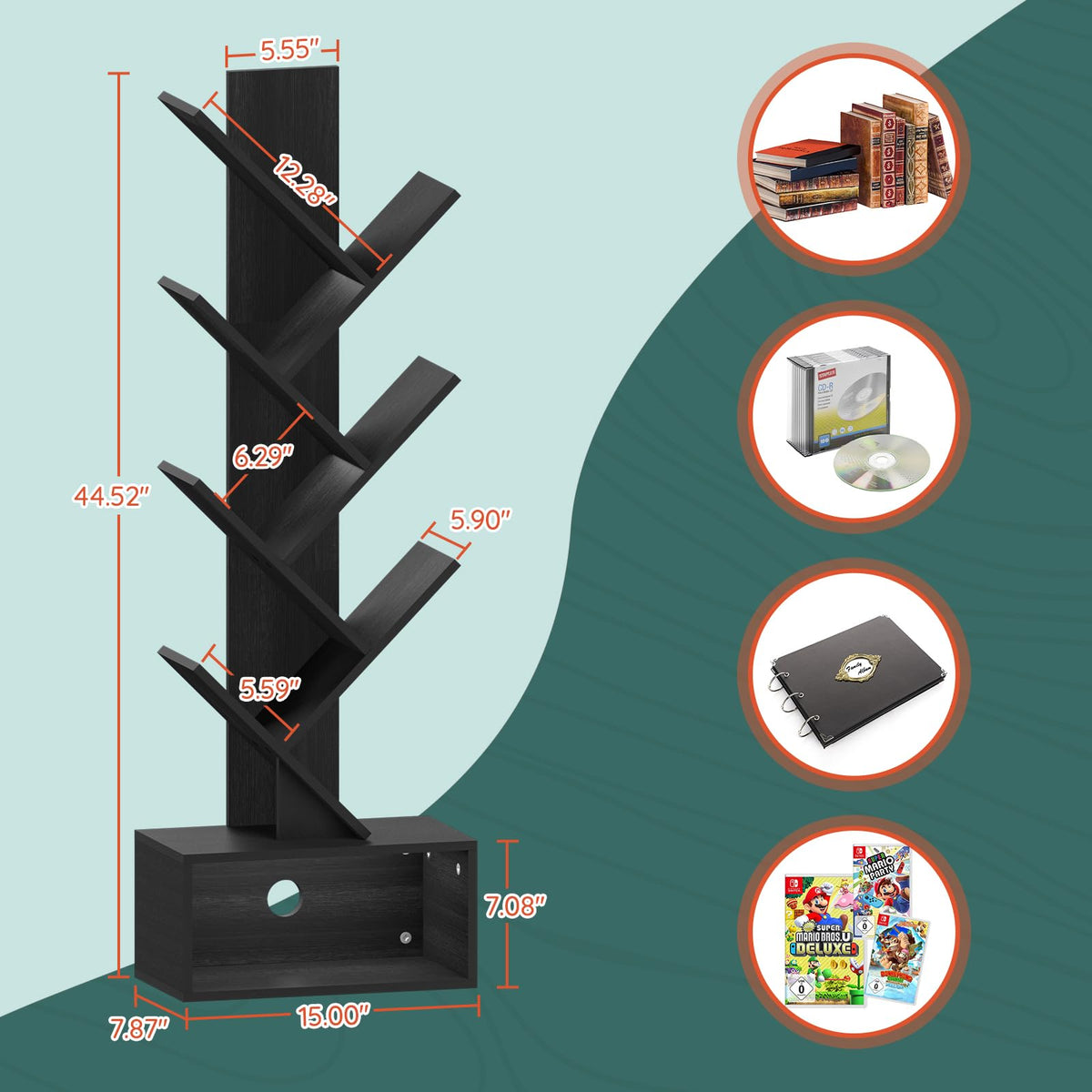 Black 6 Tier Wood Tree Bookshelf Q55431