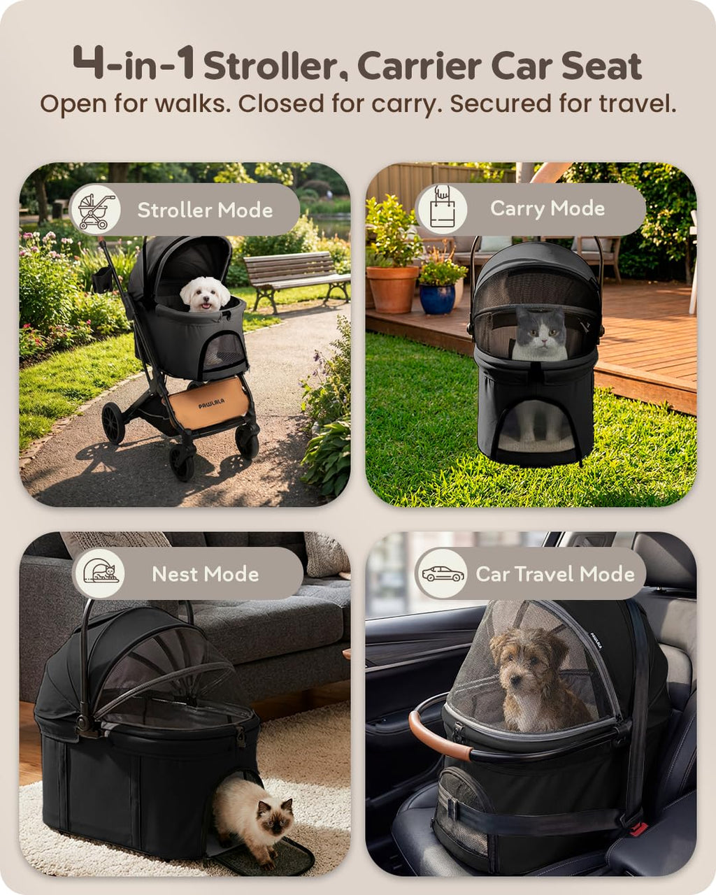 Foldable Pet Stroller with Detachable Carrier, Midnight Black V9495