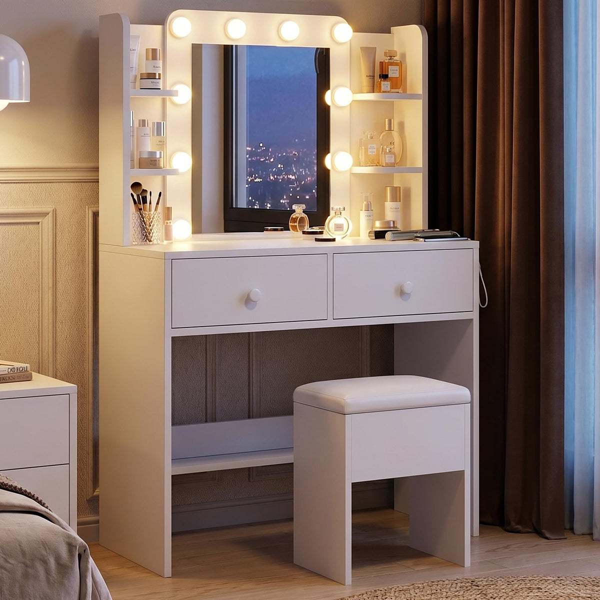 White Vanity Desk with Mirror and Chair Set B103