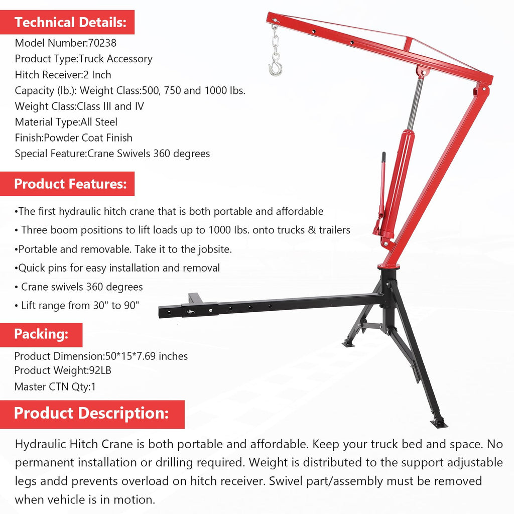 1000 Lbs Hydraulic Hitch Mounted Truck Crane L275032