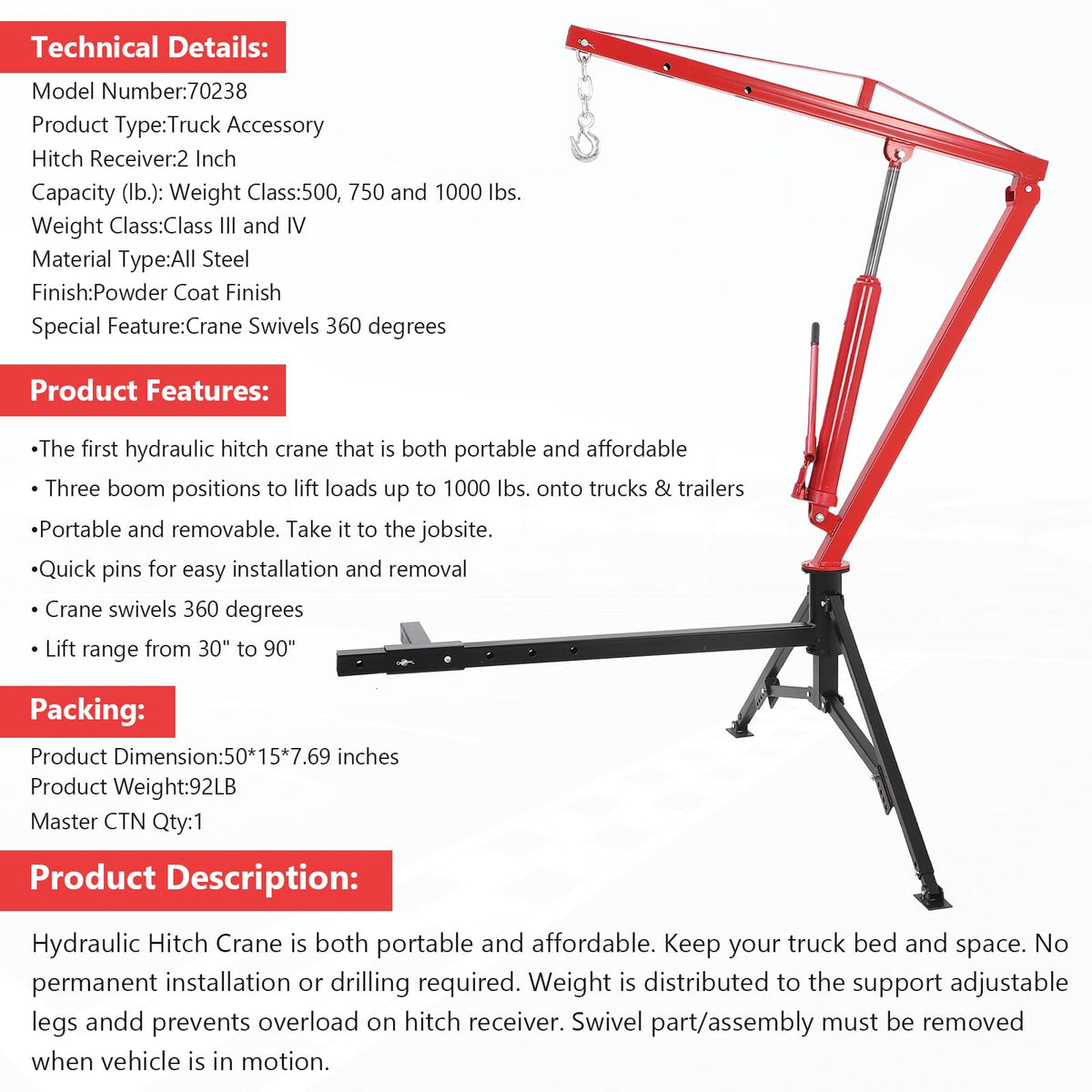 1000 Lbs Hydraulic Hitch Mounted Truck Crane L275032