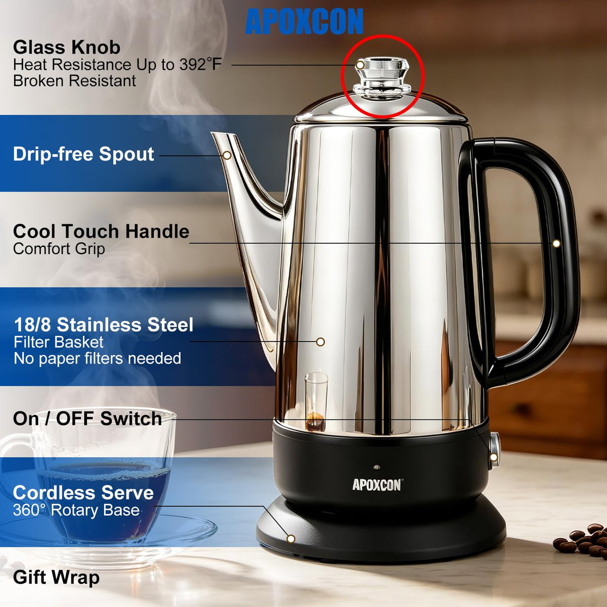 Electric Stainless Steel Coffee Percolator 1200ml 8 Cup N691617