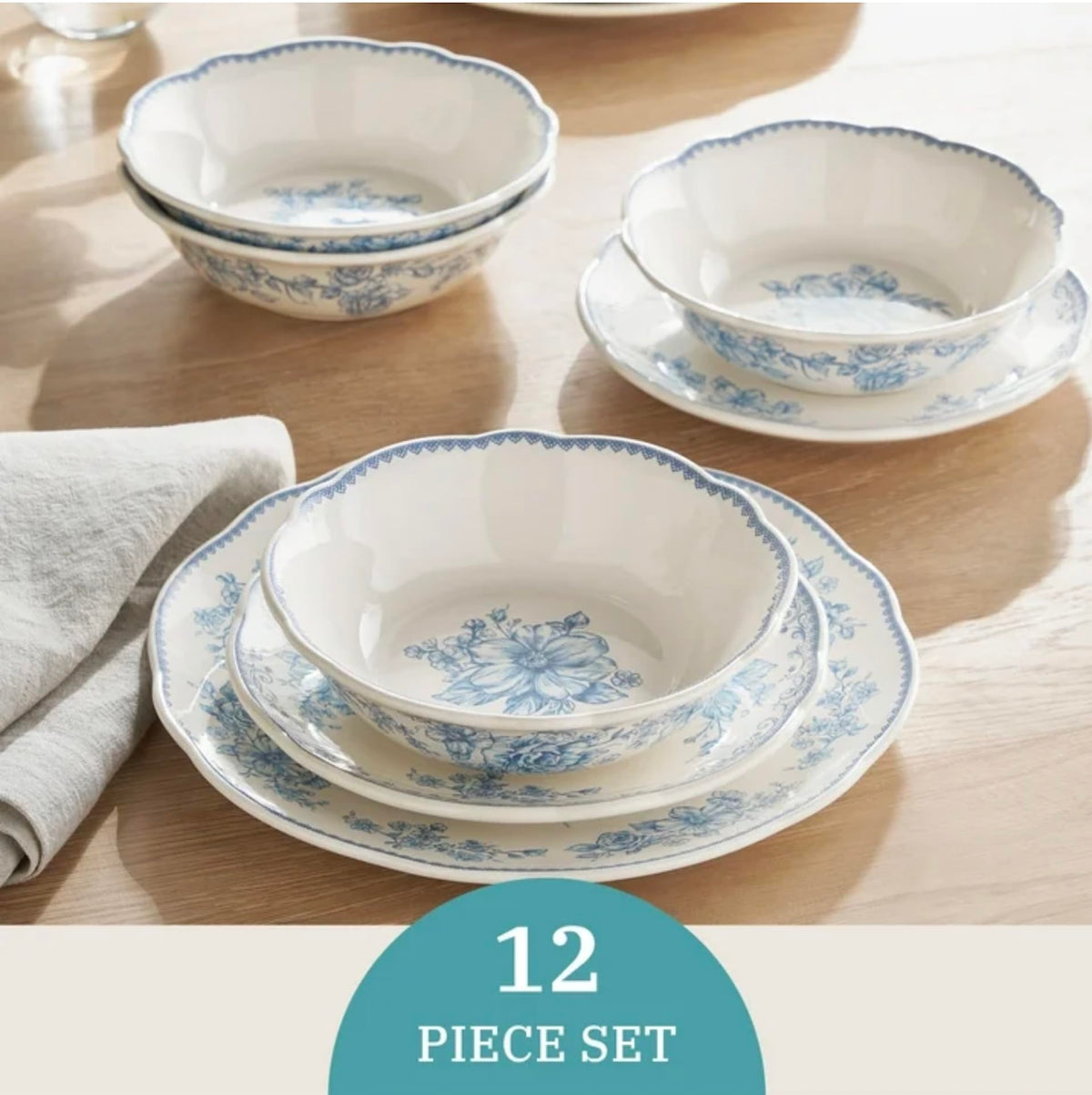 Blue 12-Piece Stoneware Dinnerware Set R554