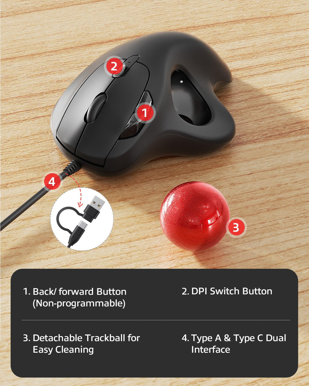 Wired Trackball Mouse Ergonomic Thumb Control X6345