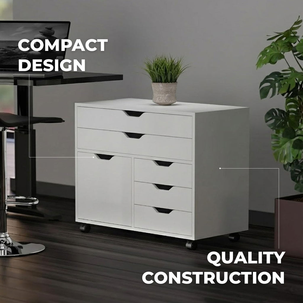 White Mobile Storage Cabinet with 1 Door & 5 Drawers X9096
