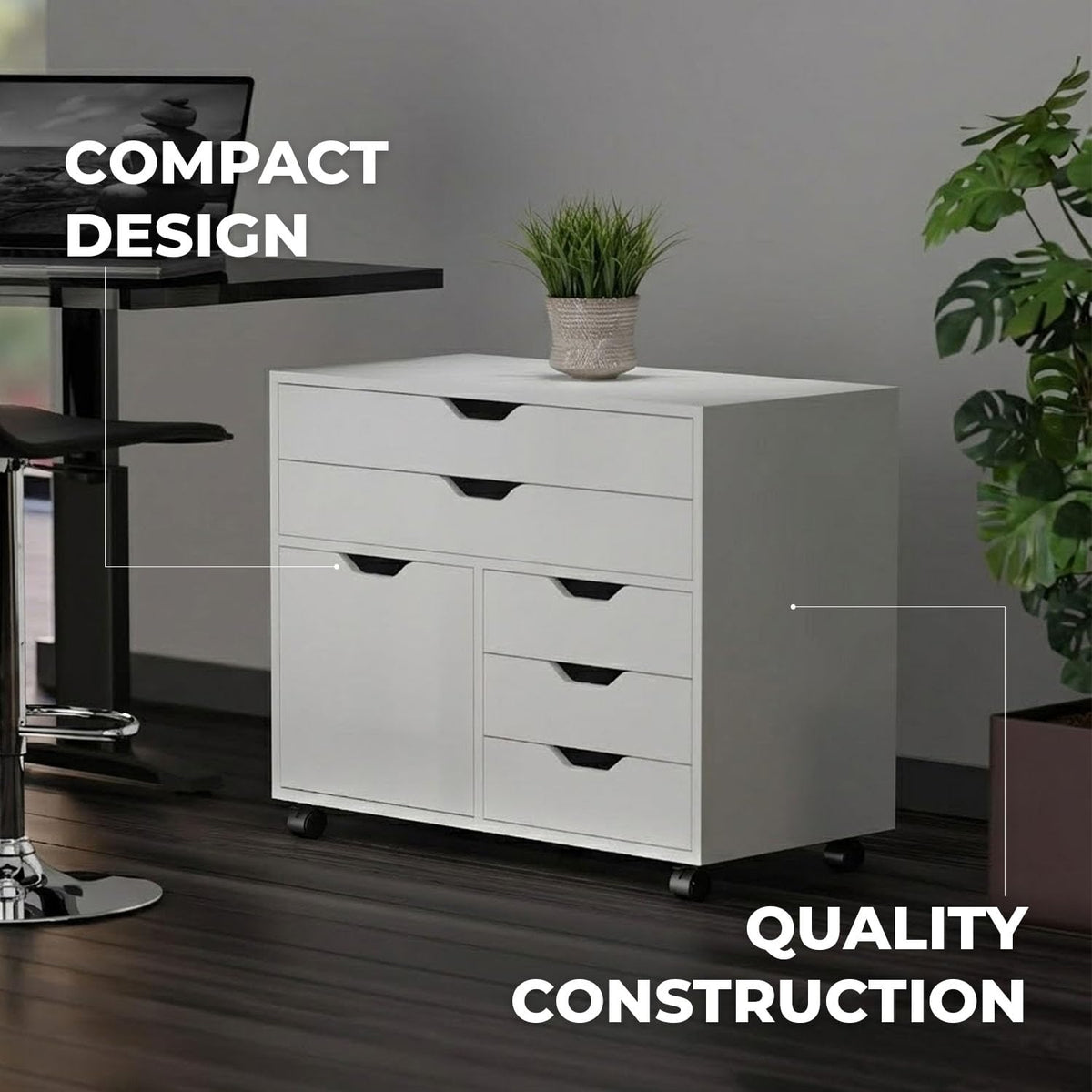 White Mobile Storage Cabinet with 1 Door & 5 Drawers X9096