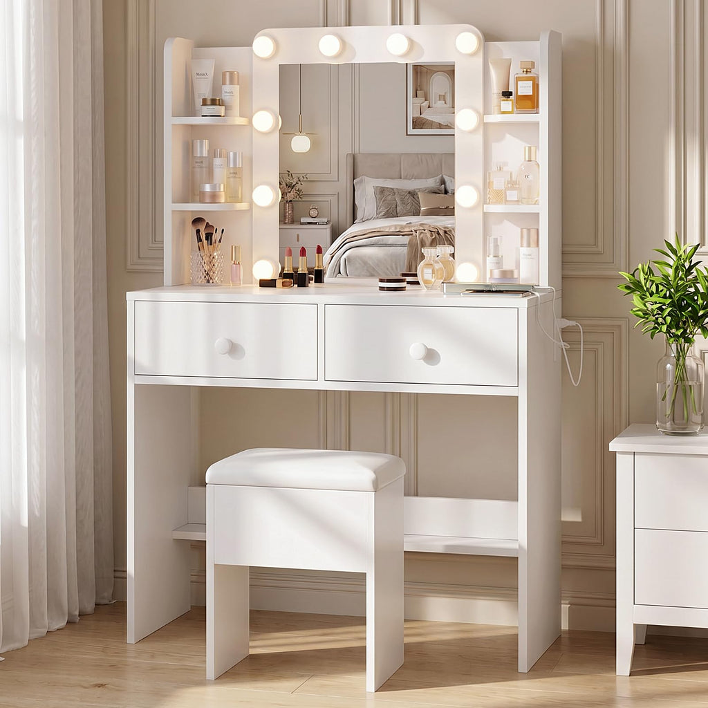 White Vanity Desk with Mirror and Chair Set B103