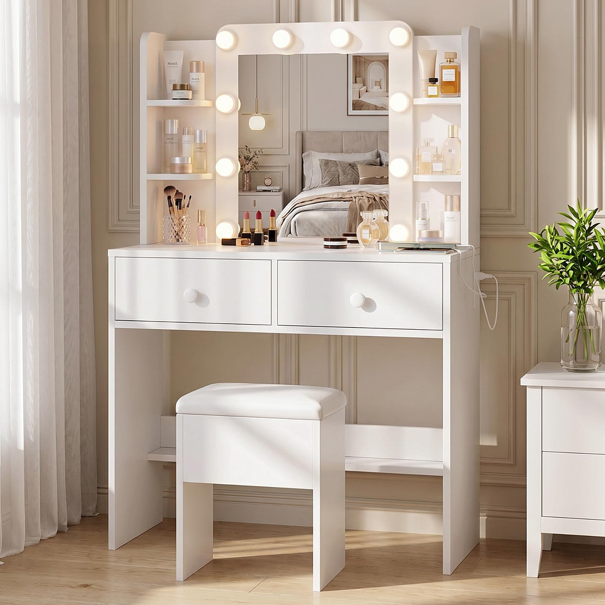 White Vanity Desk with Mirror and Chair Set B103