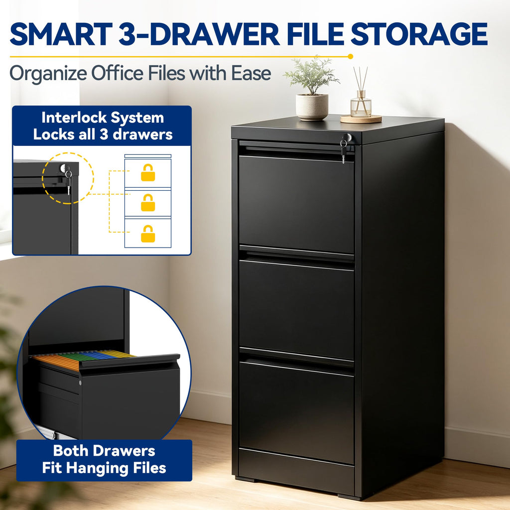 3 Drawer Black Metal File Cabinet with Lock N8785