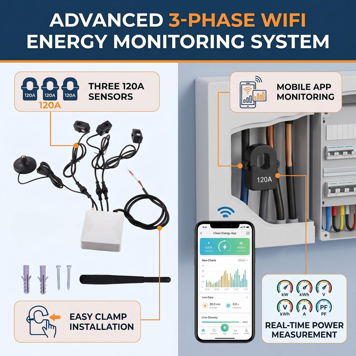 3 Phase Smart Electricity Power Monitor with 3 120A Circuit Level Sensor B974057