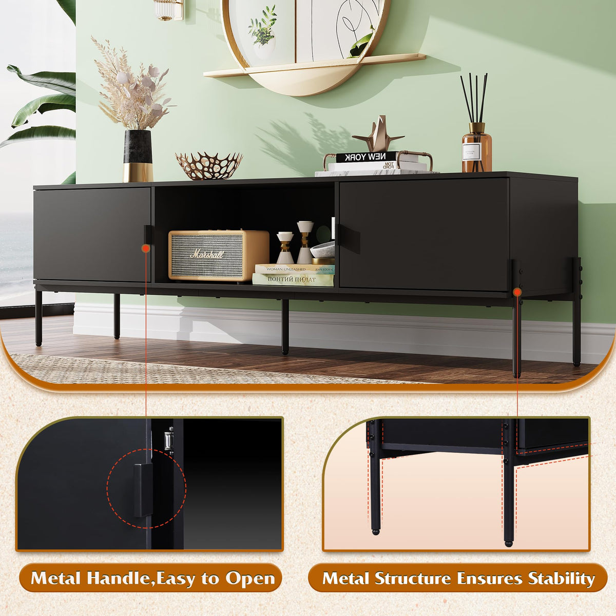 Black TV Stand with Metal Legs H456