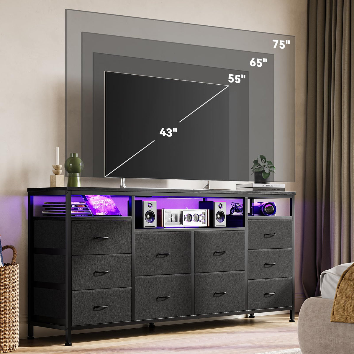 Black 10 Drawer Dresser TV Stand Z6485