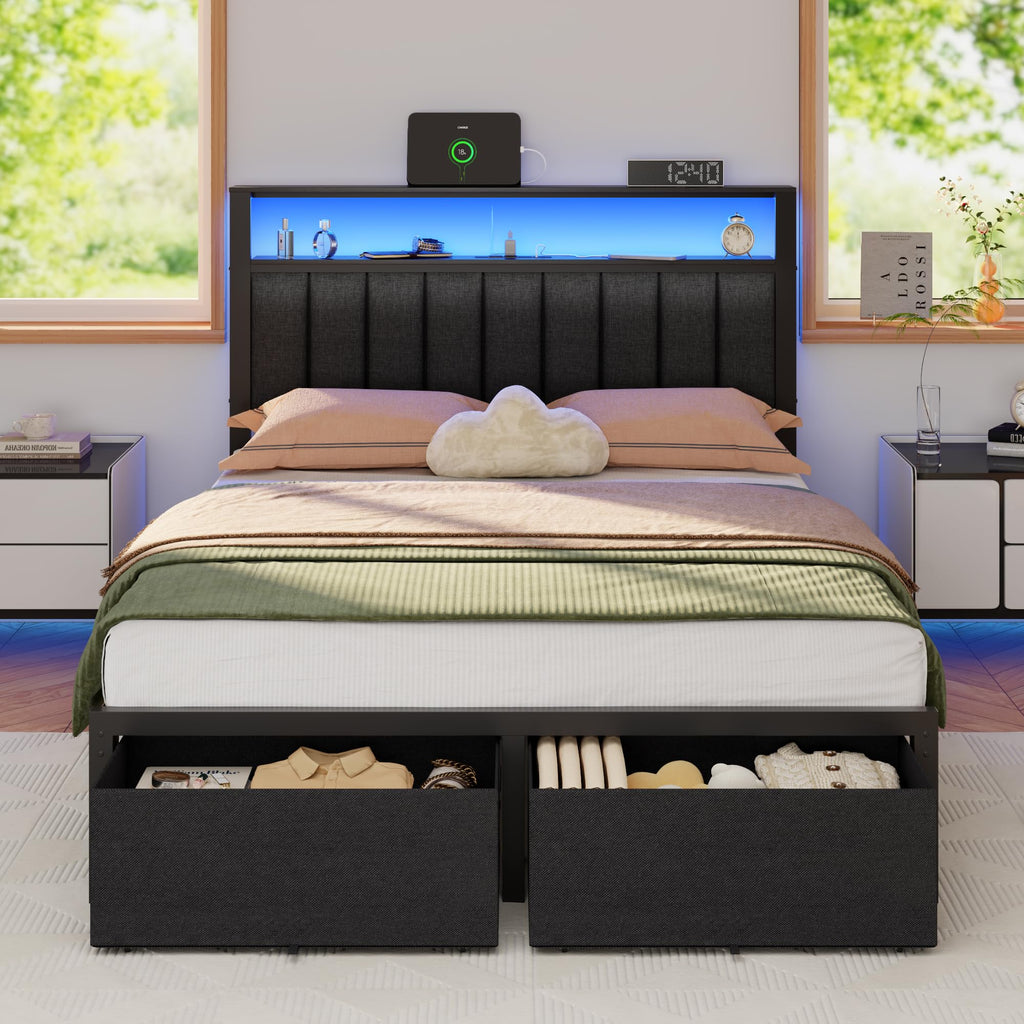 Full Size Bed Frame with Storage Drawers and Upholstered Headboard J2091