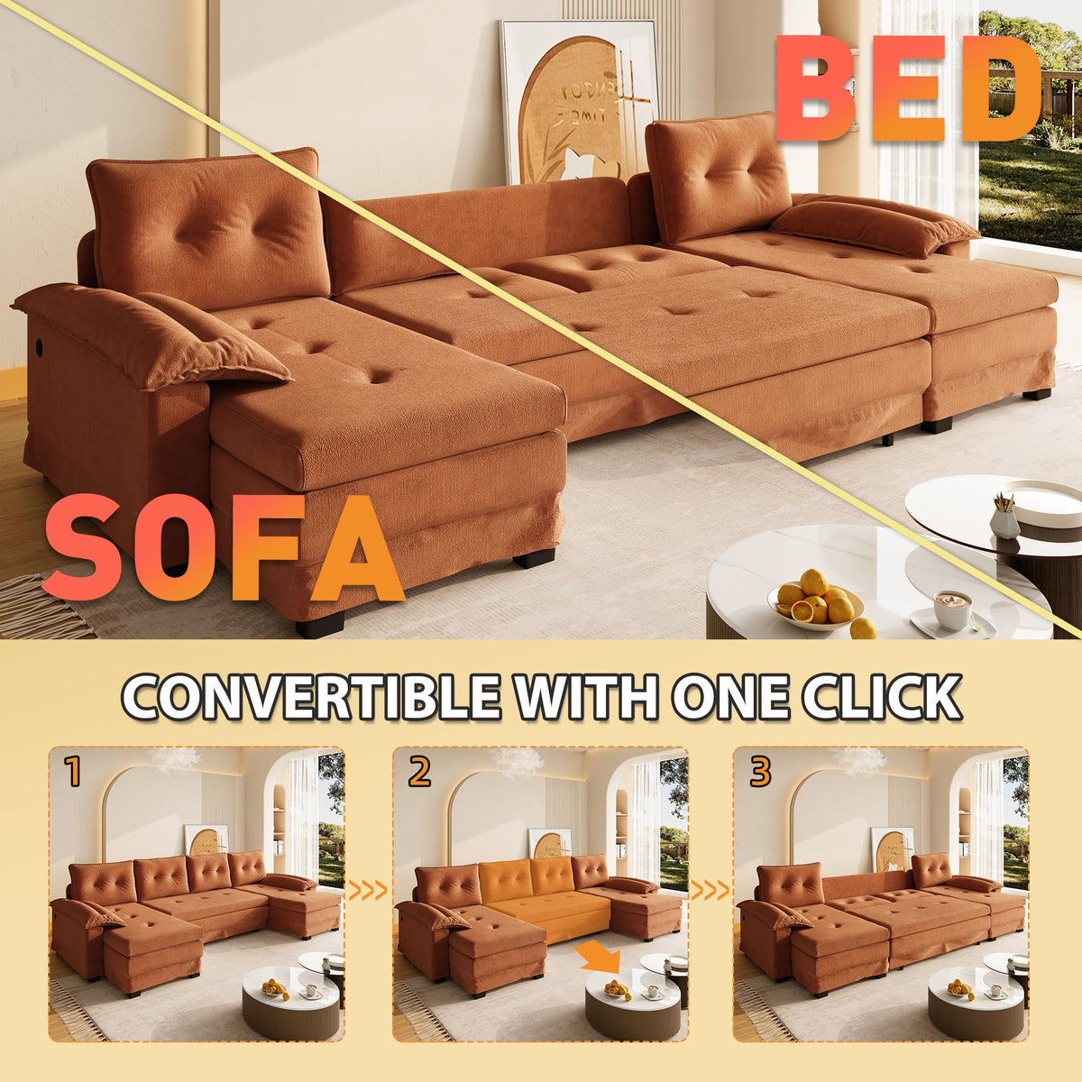110" 3-in-1 Convertible Sleeper Sofa Bed E28216